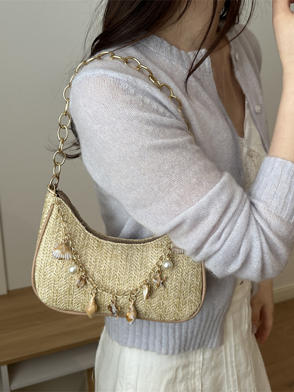 세련된 진주 장식의 밀짚 소재 언더암 캐주얼 출퇴근 가 - Women'S Young Bags 리뷰 및 가격